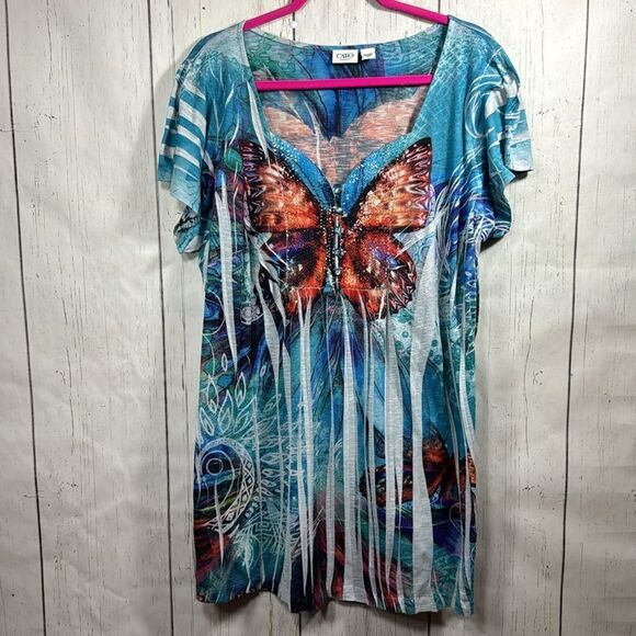 Cato Woman Colorful Sequins Butterfly Bright Festival Buttons Short Sleeve Top - Picture 5 of 14